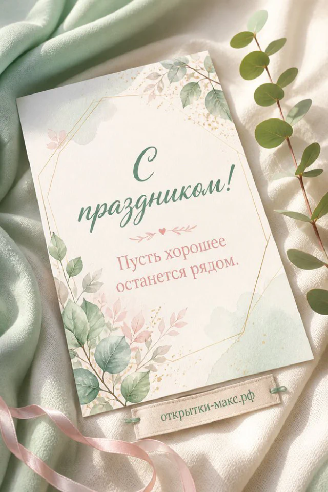 Открытка с акварельным зимним пейзажем в голубых тонах, золотой надписью и веткой эвкалипта — вариант 2