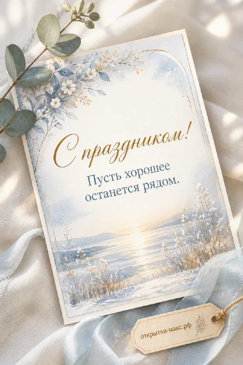 Открытка с акварельным зимним пейзажем в голубых тонах, золотой надписью и веткой эвкалипта