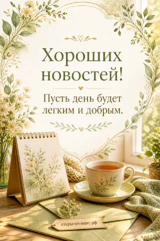 Чашка чая на блюдце, блокнот и конверт у окна, открытка «Хороших новостей!» в зелёной гамме