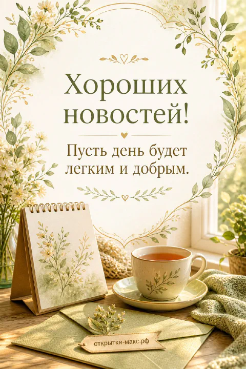 Чашка чая на блюдце, блокнот и конверт у окна, открытка «Хороших новостей!» в зелёной гамме
