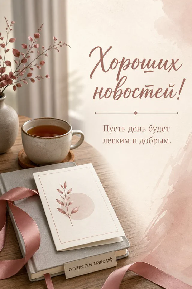 Чашка чая на блюдце, блокнот и конверт у окна, открытка «Хороших новостей!» в зелёной гамме — вариант 2