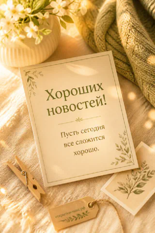 Карточка с надписью «Хороших новостей» с зелёными листьями на тёплом золотистом фоне с прищепкой