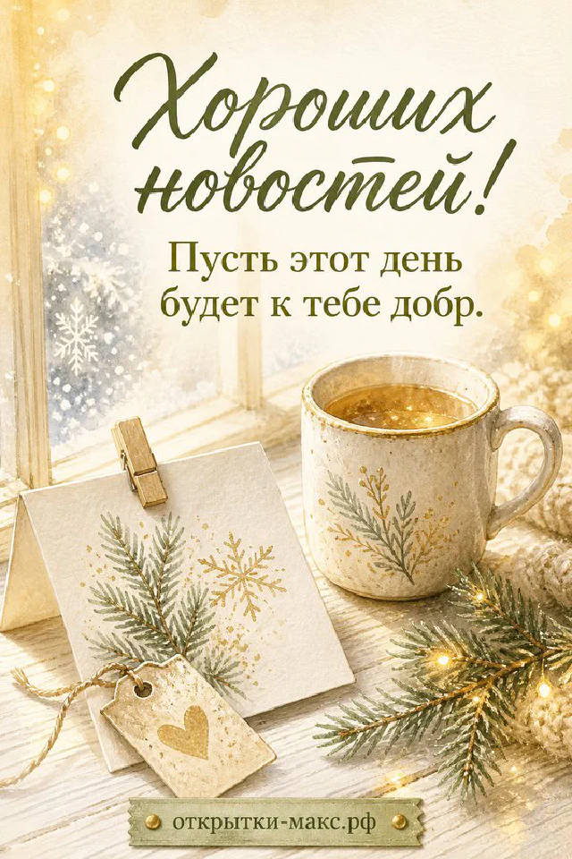 Кружка кофе с ёлочными ветками и открытка с синицей на заснеженном подоконнике — вариант 2