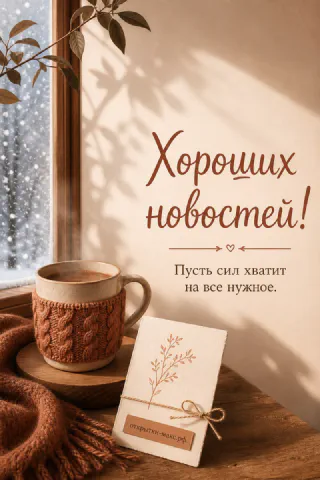 Вязаная кружка кофе на деревянном столике у заснеженного окна, открытка «Хороших новостей!»