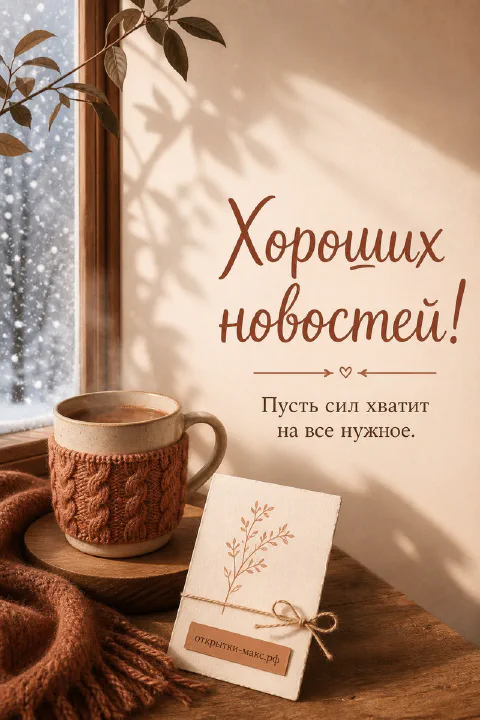 Вязаная кружка кофе на деревянном столике у заснеженного окна, открытка «Хороших новостей!»