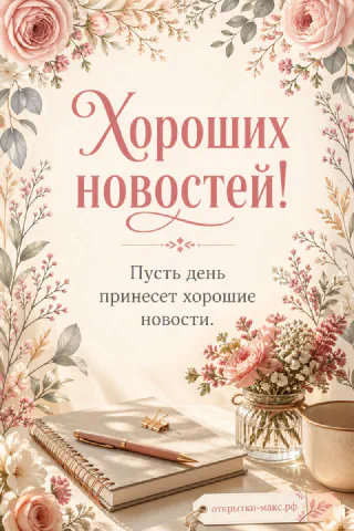 Открытка с венком из розовых роз, блокнотом и ручкой на бежевом фоне, надпись «Хороших новостей»