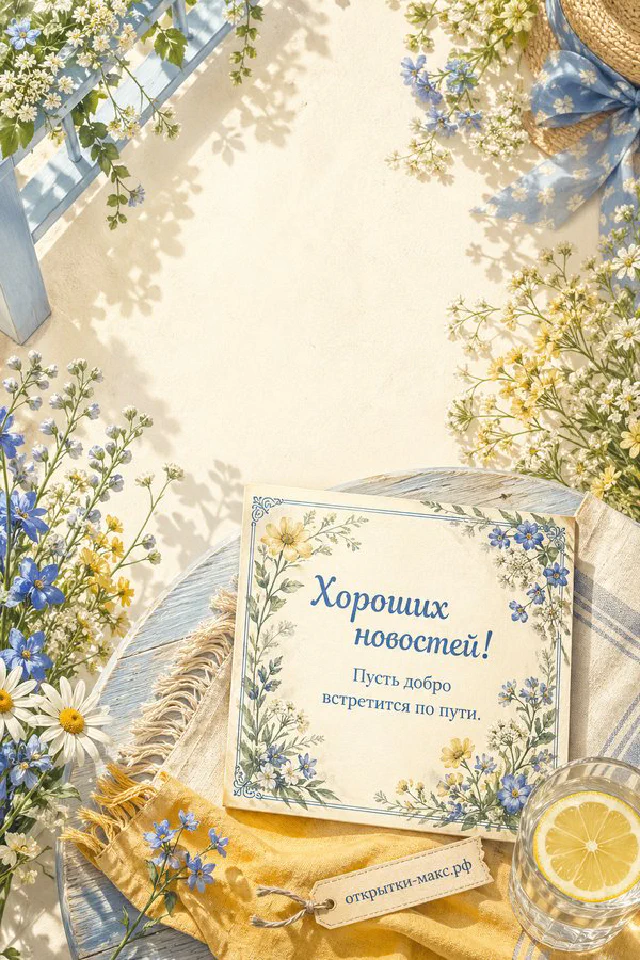 Акварельные розовые тюльпаны с лентой, конверт и блокнот, открытка «Хороших новостей!» — вариант 2