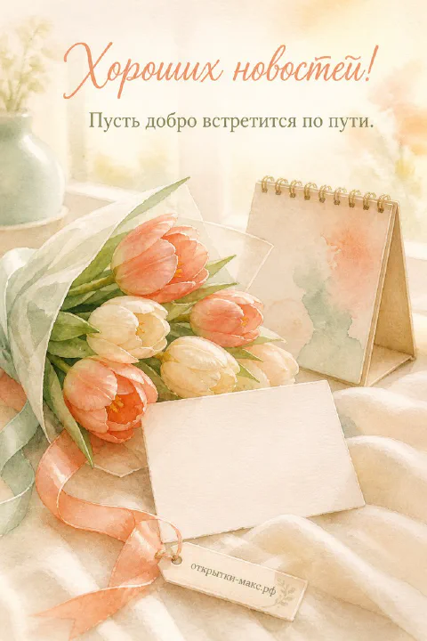 Акварельные розовые тюльпаны с лентой, конверт и блокнот, открытка «Хороших новостей!»