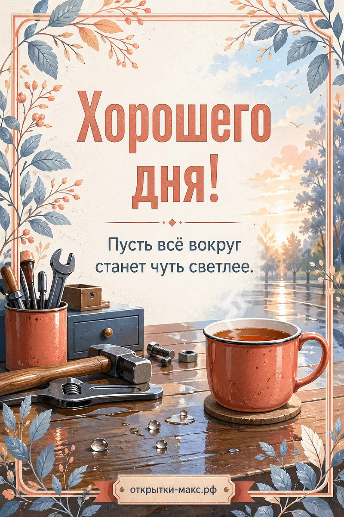 Открытка с гаечным ключом, молотком и терракотовым стаканом кофе на деревянном верстаке в акварельной рамке