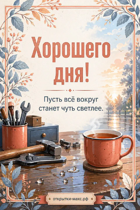 Открытка с гаечным ключом, молотком и терракотовым стаканом кофе на деревянном верстаке в акварельной рамке