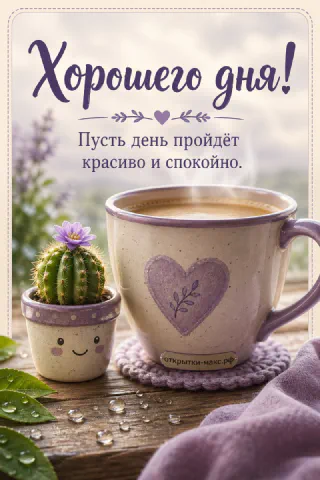 Открытка с большой лиловой кружкой кофе с сердечком и маленьким цветущим кактусом на деревянном столе
