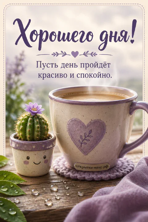 Открытка с большой лиловой кружкой кофе с сердечком и маленьким цветущим кактусом на деревянном столе