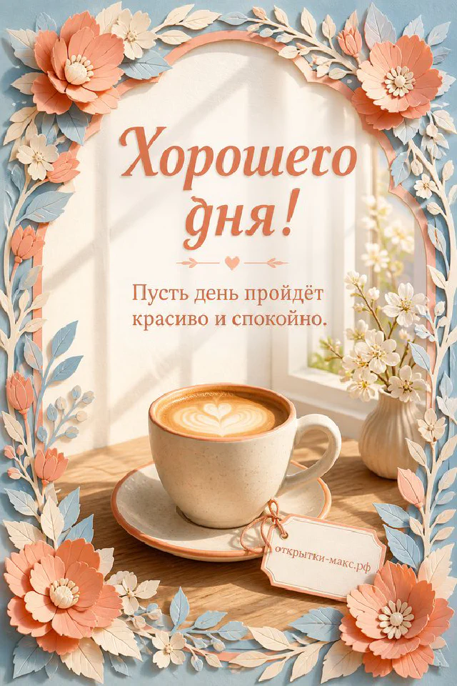 Открытка с большой лиловой кружкой кофе с сердечком и маленьким цветущим кактусом на деревянном столе — вариант 2