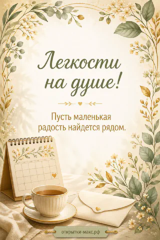 Чашка кофе, настольный календарь и конверт с золотыми листьями в рамке с надписью «Лёгкости на душе»