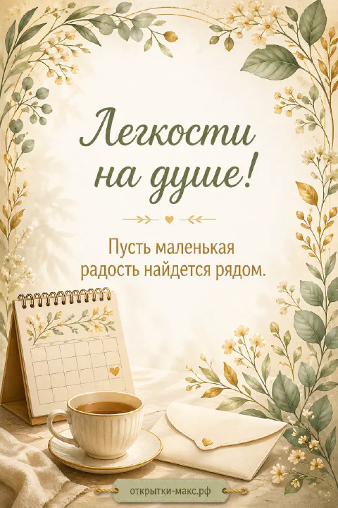 Чашка кофе, настольный календарь и конверт с золотыми листьями в рамке с надписью «Лёгкости на душе»