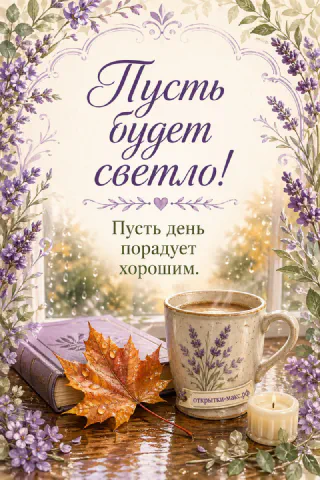 Открытка с кружкой кофе с лавандой, книгой, осенним листом и свечой в рамке из лаванды