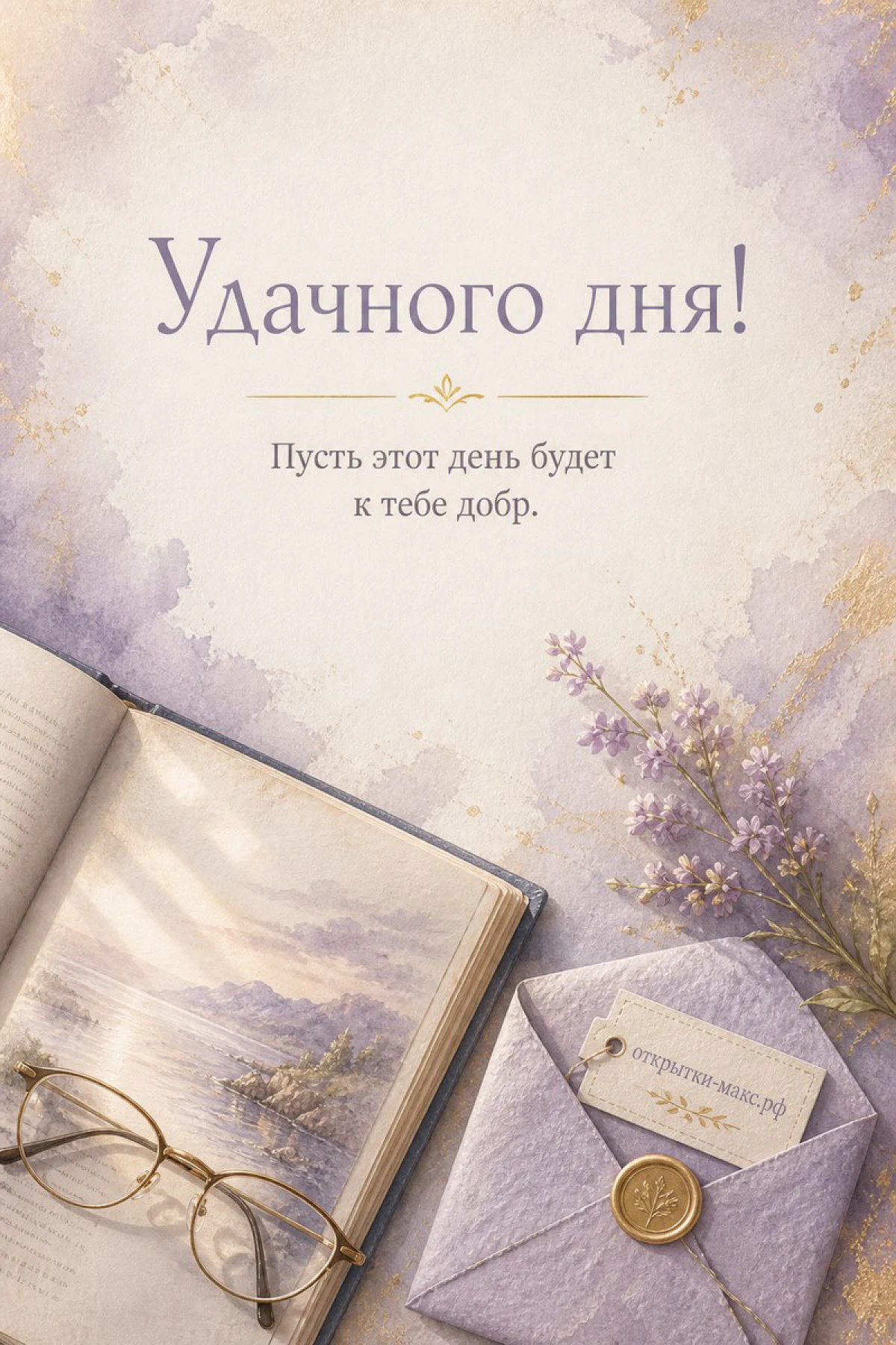 Открытка с открытой книгой, круглыми очками в золотой оправе и сиреневым конвертом с печатью на лавандовом фоне