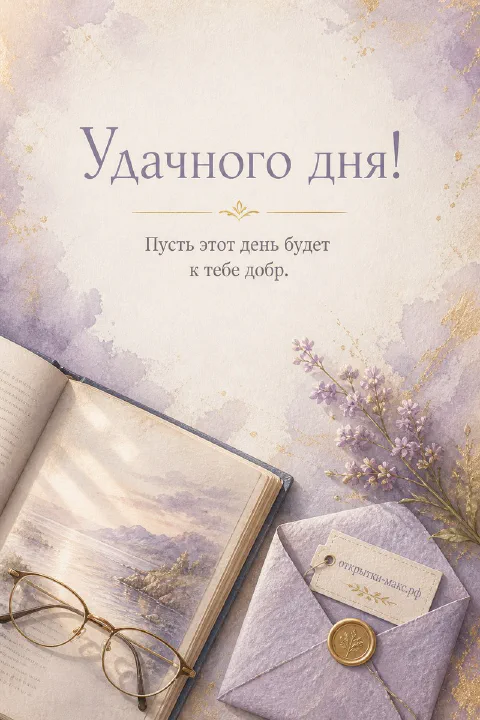 Открытка с открытой книгой, круглыми очками в золотой оправе и сиреневым конвертом с печатью на лавандовом фоне