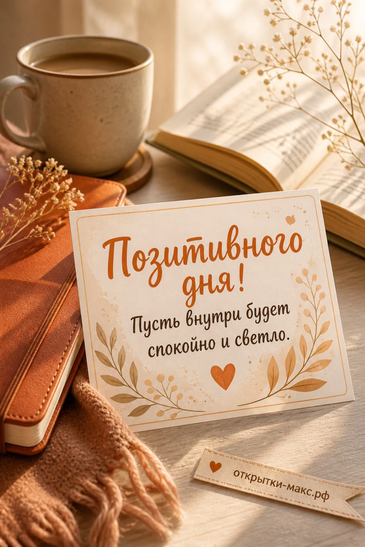 Карточка «Позитивного дня» на столе рядом с кружкой кофе, кожаным ежедневником и открытой книгой