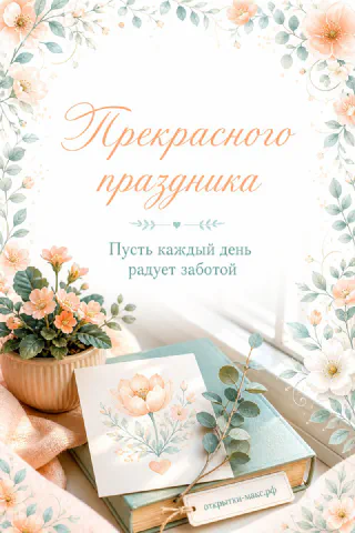 Открытка с книгой, горшком персиковых цветов и акварельной рамкой из лепестков