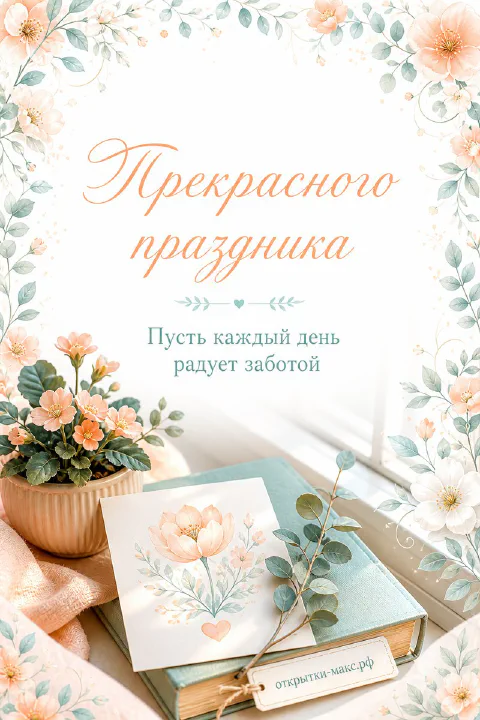 Открытка с книгой, горшком персиковых цветов и акварельной рамкой из лепестков