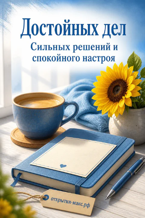 Синяя кружка кофе, синий блокнот и жёлтый подсолнух на белом фоне с надписью «Достойных дел. Сильных решений и спокойного настроя»
