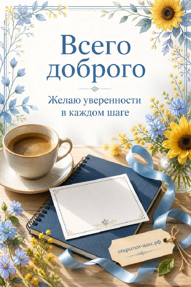 Акварельная открытка с чашкой кофе, блокнотом, ручкой и розовыми цветами сакуры — вариант 2