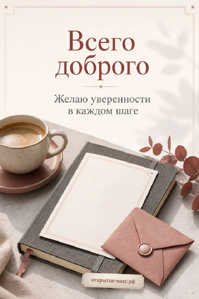 Акварельная открытка с чашкой кофе, блокнотом, ручкой и розовыми цветами сакуры — вариант 8