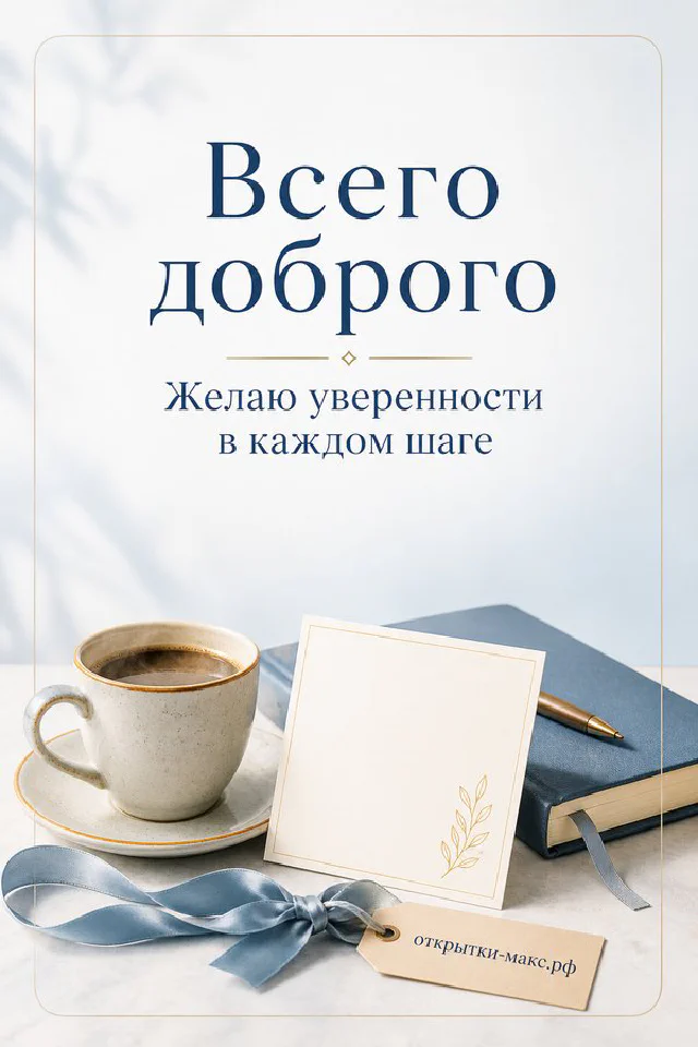 Акварельная открытка с чашкой кофе, блокнотом, ручкой и розовыми цветами сакуры — вариант 3