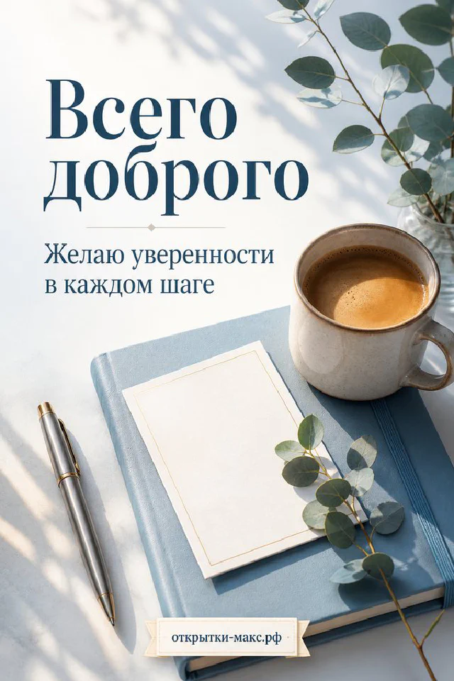 Акварельная открытка с чашкой кофе, блокнотом, ручкой и розовыми цветами сакуры — вариант 4