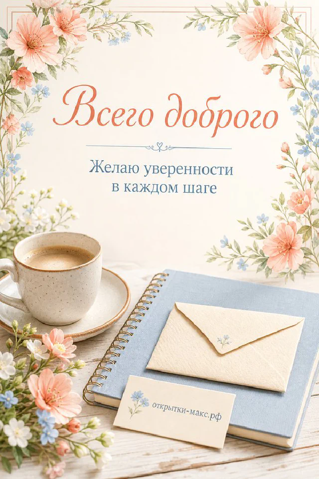 Акварельная открытка с чашкой кофе, блокнотом, ручкой и розовыми цветами сакуры — вариант 5