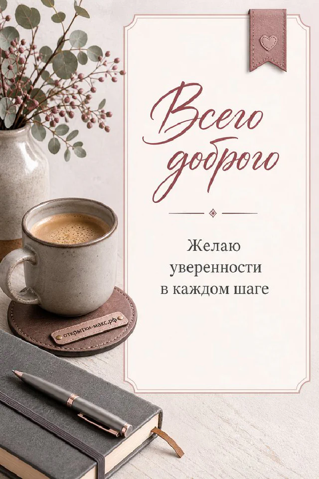 Акварельная открытка с чашкой кофе, блокнотом, ручкой и розовыми цветами сакуры — вариант 7