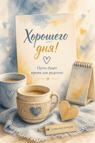 Акварельная открытка с двумя кружками кофе в сине-жёлтых тонах, блокнотом и деревянным сердечком на пледе