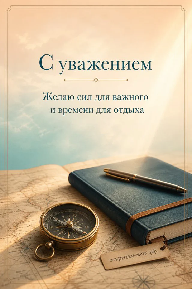 Открытка с чашкой чёрного кофе и синим кожаным ежедневником с лентой на светло-голубом фоне — вариант 3
