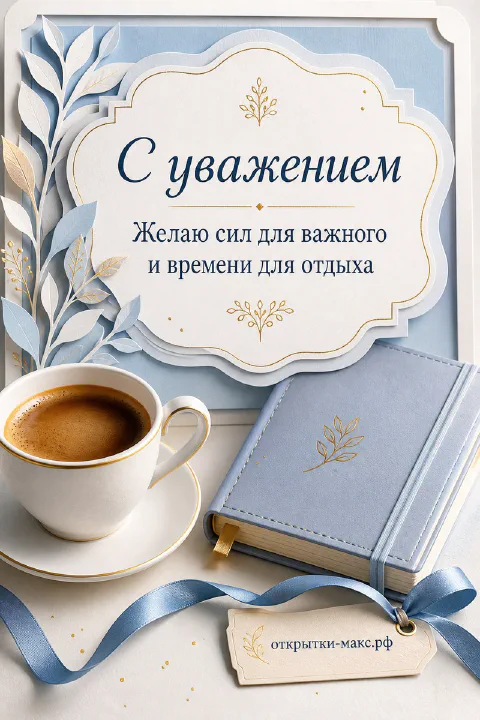 Открытка с чашкой чёрного кофе и синим кожаным ежедневником с лентой на светло-голубом фоне