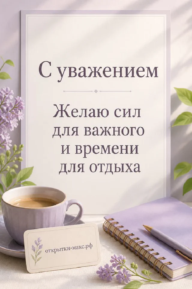 Открытка с чашкой чёрного кофе и синим кожаным ежедневником с лентой на светло-голубом фоне — вариант 2