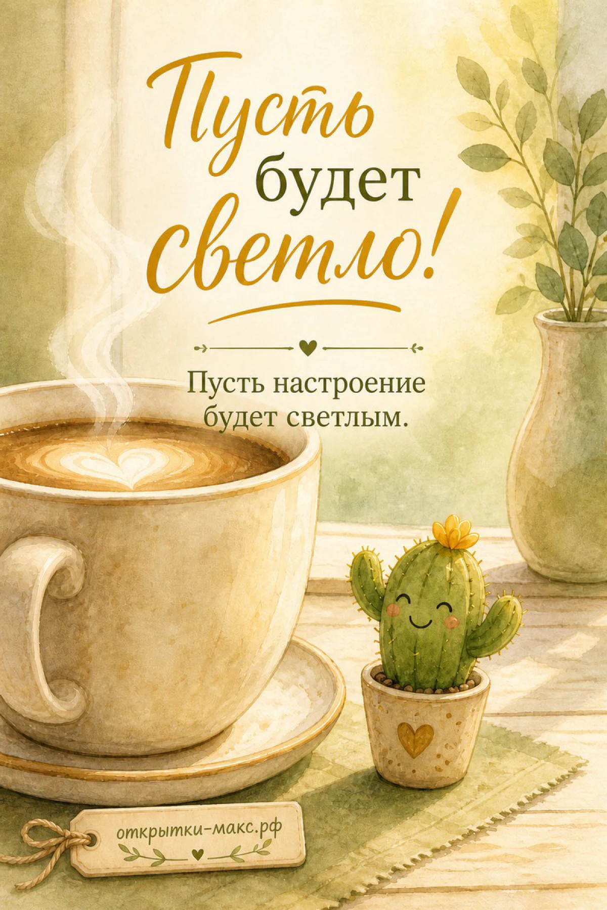 Большая кружка кофе с пенкой и маленький кактус в горшочке с сердечком на деревянном столе