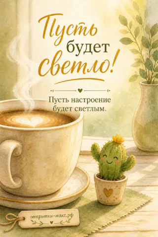 Большая кружка кофе с пенкой и маленький кактус в горшочке с сердечком на деревянном столе