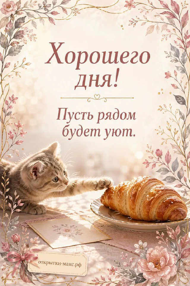 Открытка с чашкой кофе с сердечком, книгой и персиковыми цветами в декоративной рамке — вариант 4