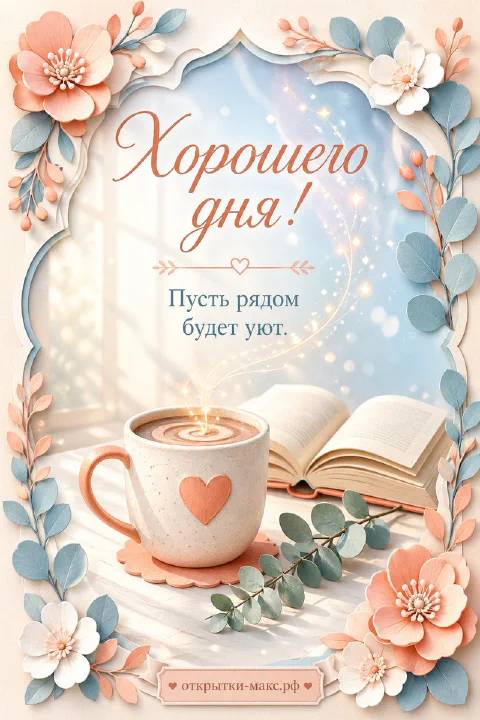 Открытка с чашкой кофе с сердечком, книгой и персиковыми цветами в декоративной рамке