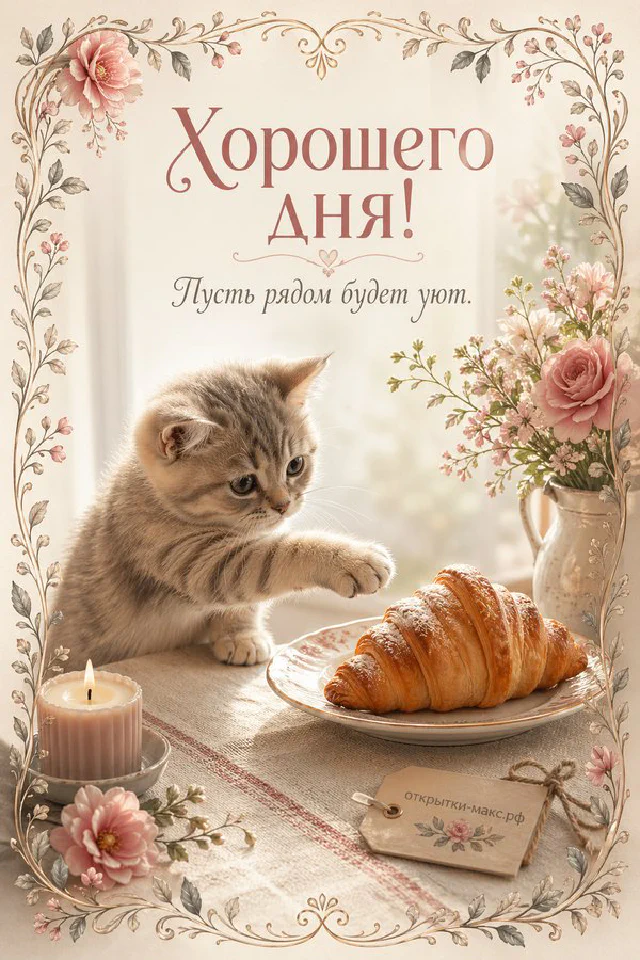 Открытка с чашкой кофе с сердечком, книгой и персиковыми цветами в декоративной рамке — вариант 2