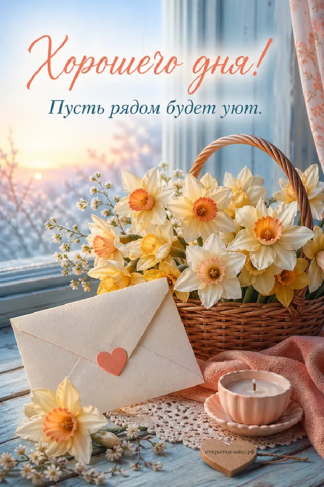 Открытка с чашкой кофе с сердечком, книгой и персиковыми цветами в декоративной рамке — вариант 3