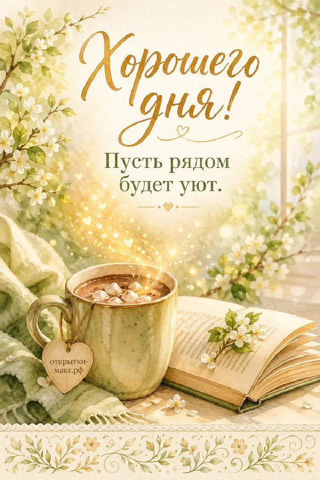 Открытка с чашкой кофе с сердечком, книгой и персиковыми цветами в декоративной рамке — вариант 7
