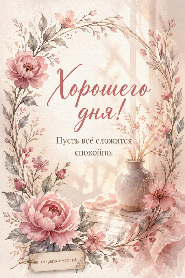 Кружка кофе и конверт на переднем плане, уютное вязаное кресло с пледом у окна в золотисто-зелёной рамке, надпись Хорошего дня — вариант 7