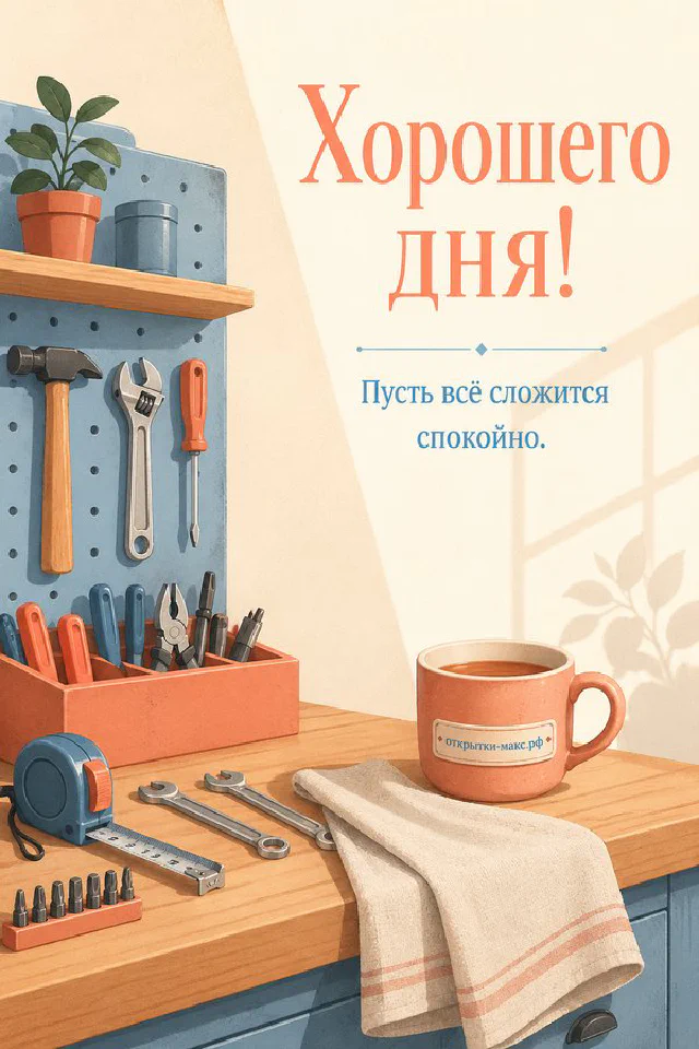 Кружка кофе и конверт на переднем плане, уютное вязаное кресло с пледом у окна в золотисто-зелёной рамке, надпись Хорошего дня — вариант 2