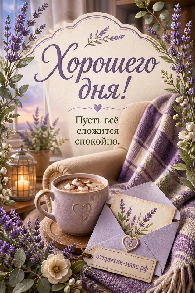 Кружка кофе и конверт на переднем плане, уютное вязаное кресло с пледом у окна в золотисто-зелёной рамке, надпись Хорошего дня — вариант 3
