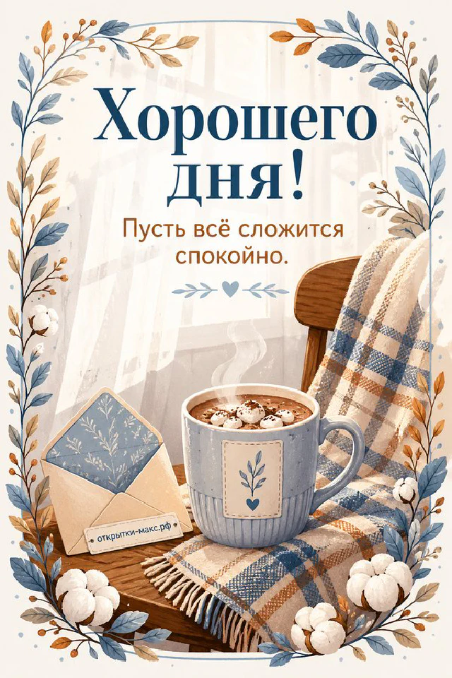 Кружка кофе и конверт на переднем плане, уютное вязаное кресло с пледом у окна в золотисто-зелёной рамке, надпись Хорошего дня — вариант 5
