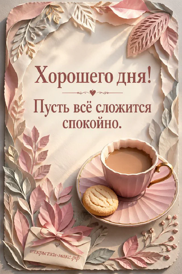 Кружка кофе и конверт на переднем плане, уютное вязаное кресло с пледом у окна в золотисто-зелёной рамке, надпись Хорошего дня — вариант 8
