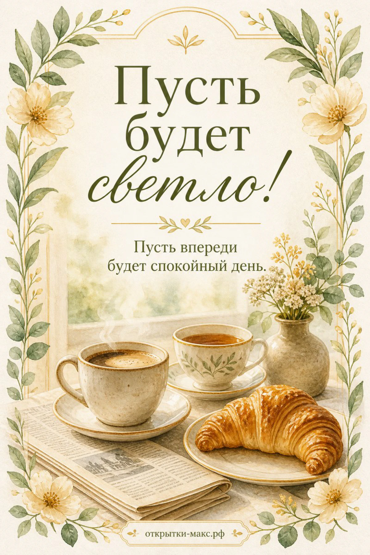 Открытка с двумя кружками кофе, круассаном на газете и вазой с цветами у окна