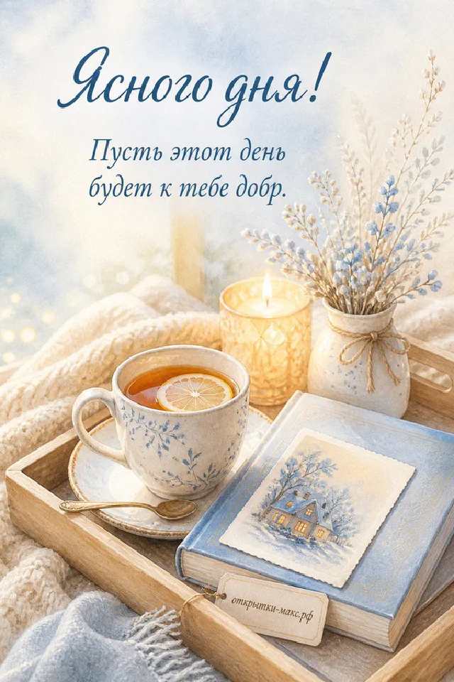Белая чашка кофе у солнечного окна, горящая свеча и ваза с зеленью, надпись Ясного дня — вариант 2